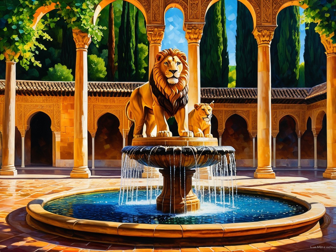 Grand fountain with lion sculptures and lush greenery