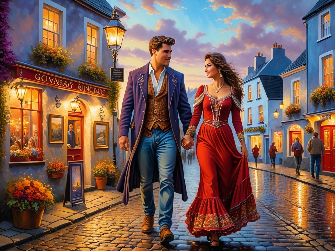 Charming Cobblestone Street at Twilight with Couples