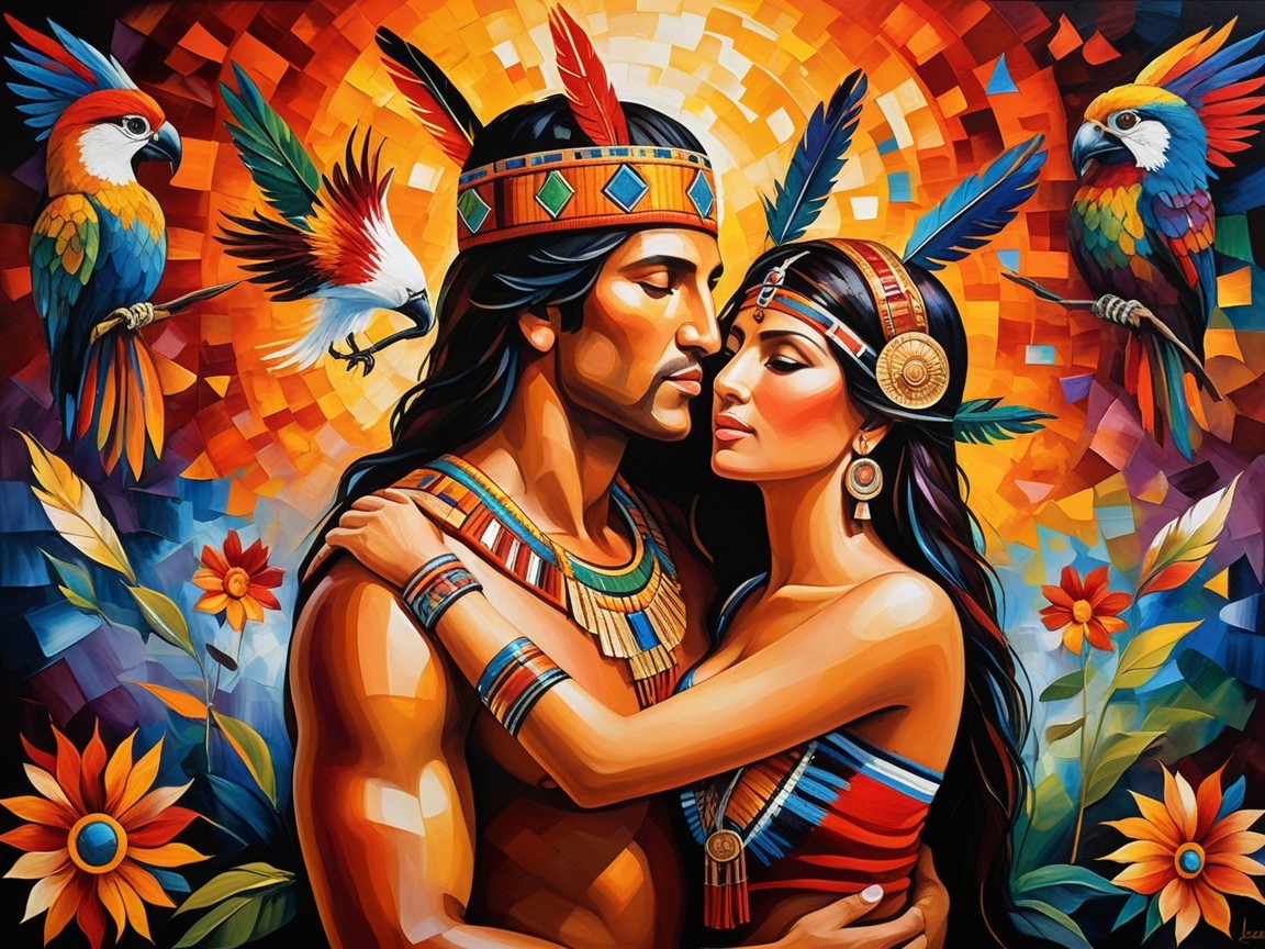 Colorful painting of couple in traditional attire