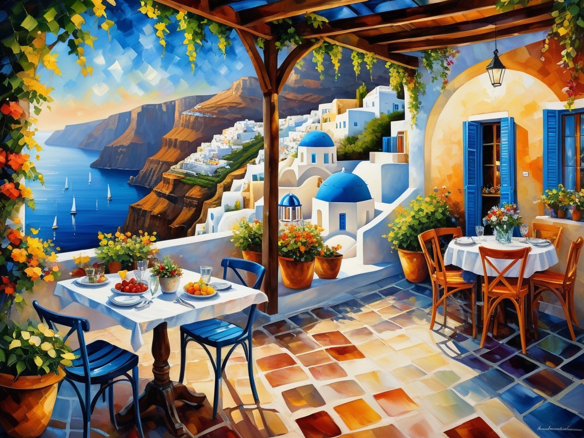 Seaside Terrace with White Buildings and Vibrant Sky