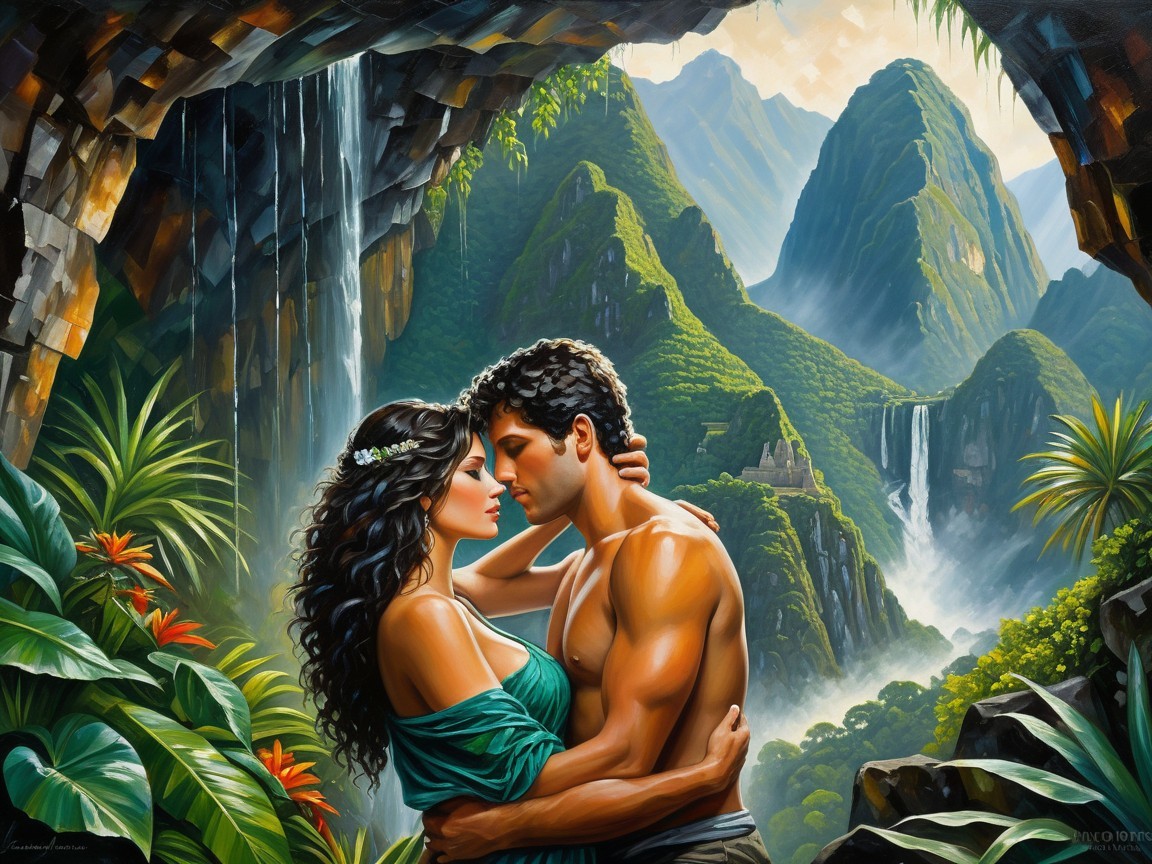 Couple Embraced in Romantic Nature Setting with Waterfalls