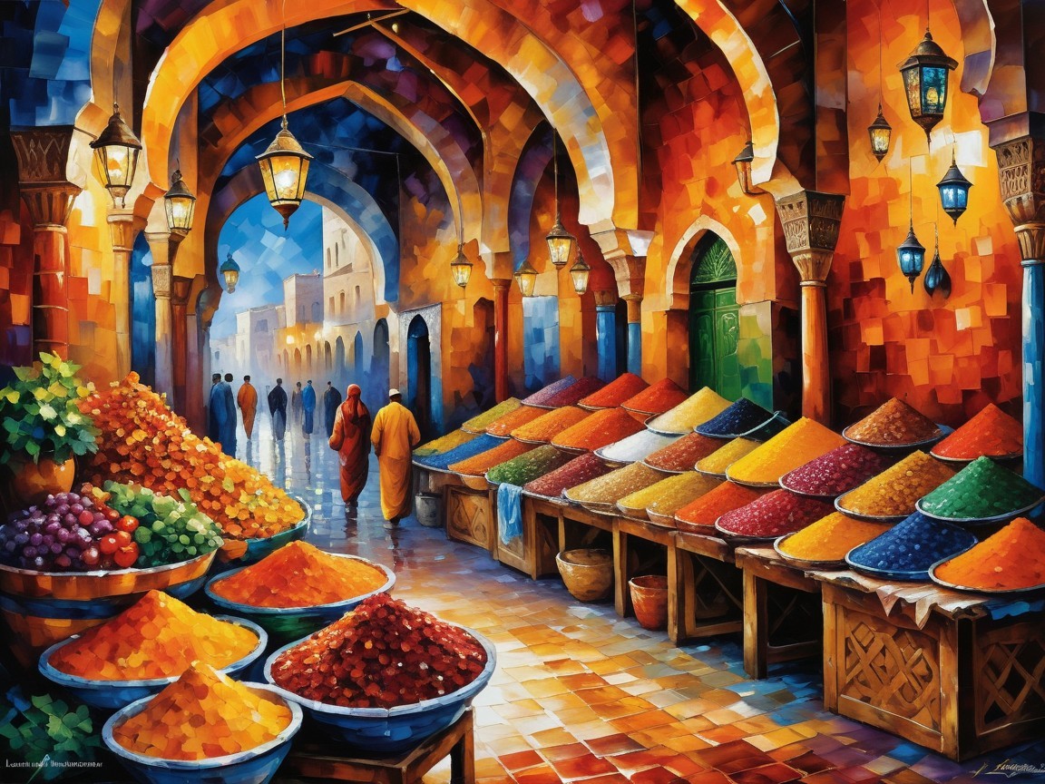 Vibrant Market Scene with Spices and Fruits Displayed
