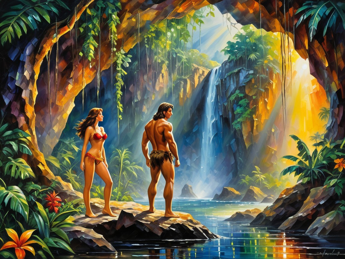 Jungle Scene with Pool and Cascading Waterfall