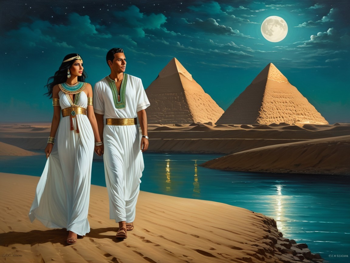 Couple in Ancient Egyptian Attire by Pyramids at Night