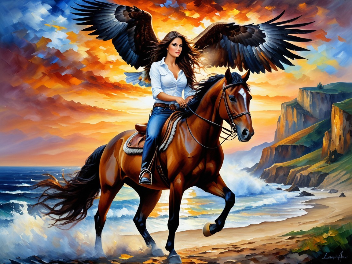Woman with Eagle Wings Riding Horse at Sunset Coastline