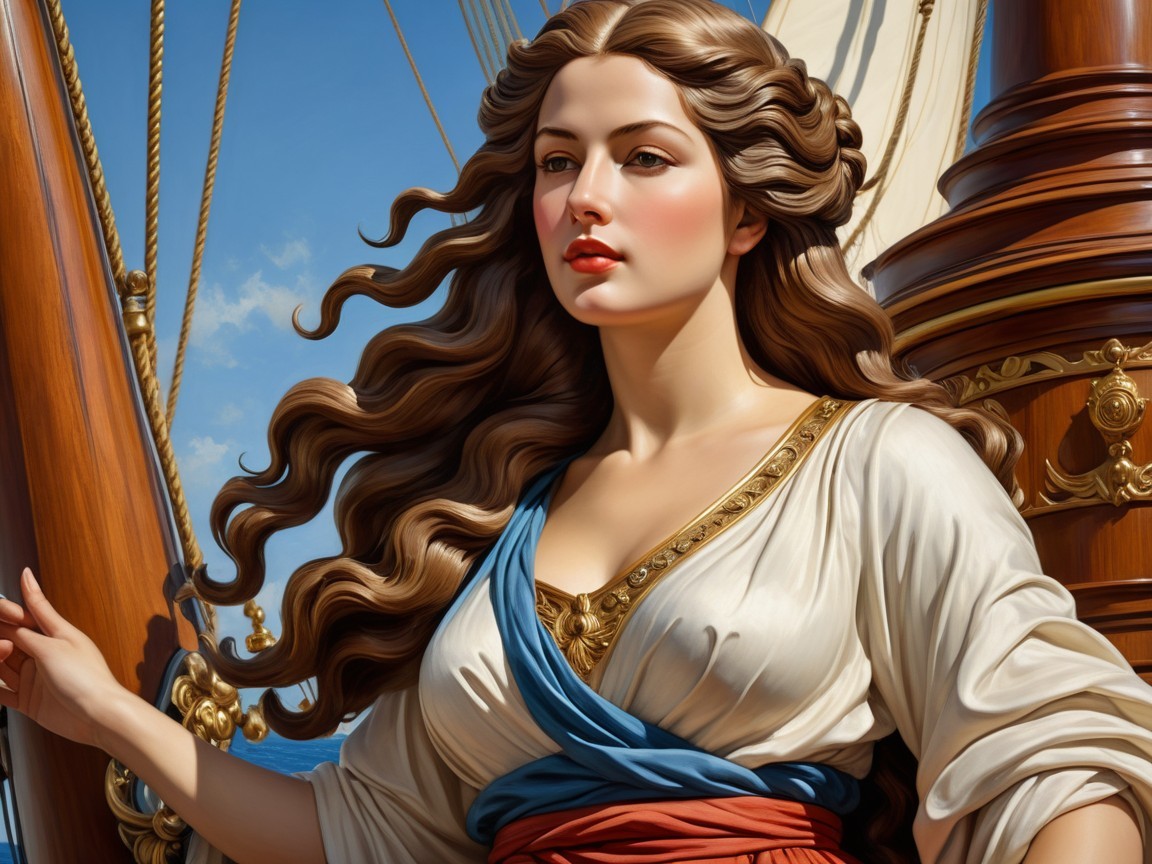 Woman on Ship Deck with Flowing Hair and Historical Outfit