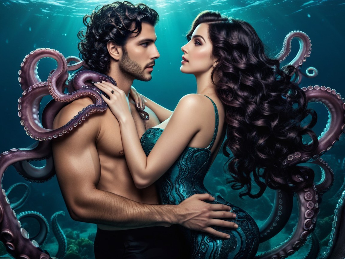 Underwater Scene of a Couple with Swirling Octopuses