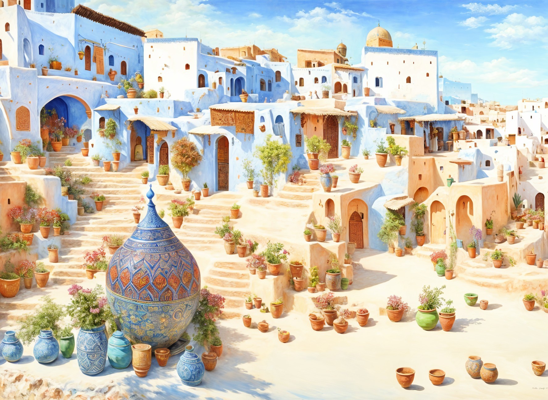 Vibrant Mediterranean Village with Whitewashed Buildings