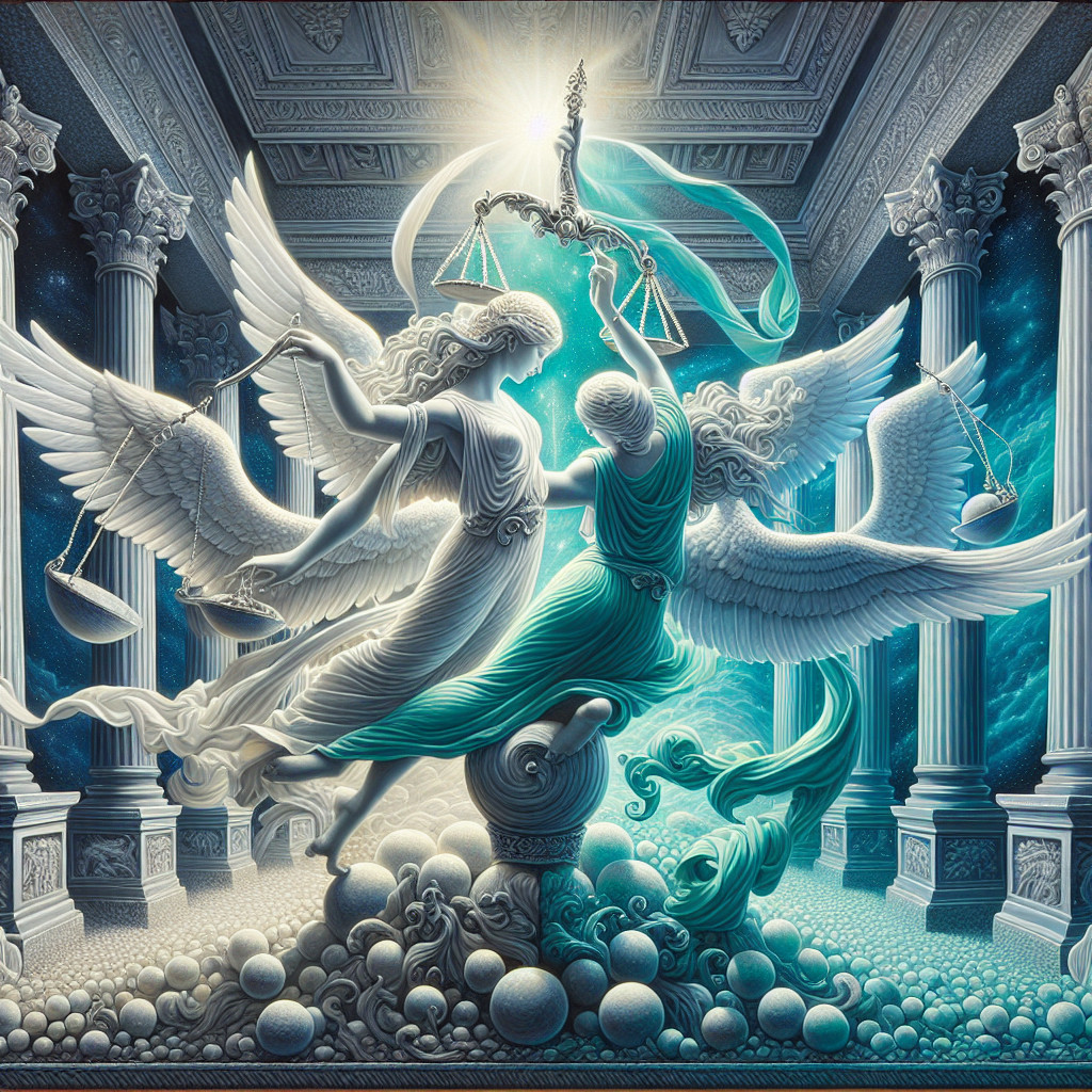 Ethereal Figures of Justice Surrounded by Light and Columns