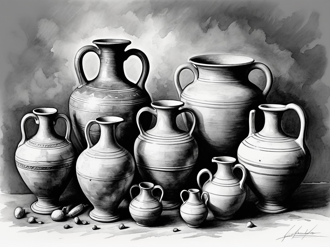 Monochromatic Illustration of Clay Pots and Amphorae