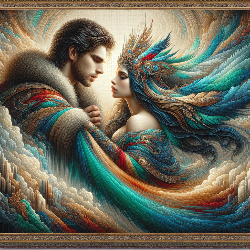 Ethereal Embrace of Man and Woman in Colorful Garments
