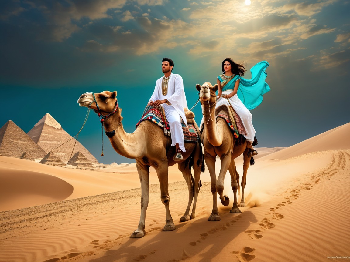 Desert Landscape with Camel Riders and Pyramids at Sunset