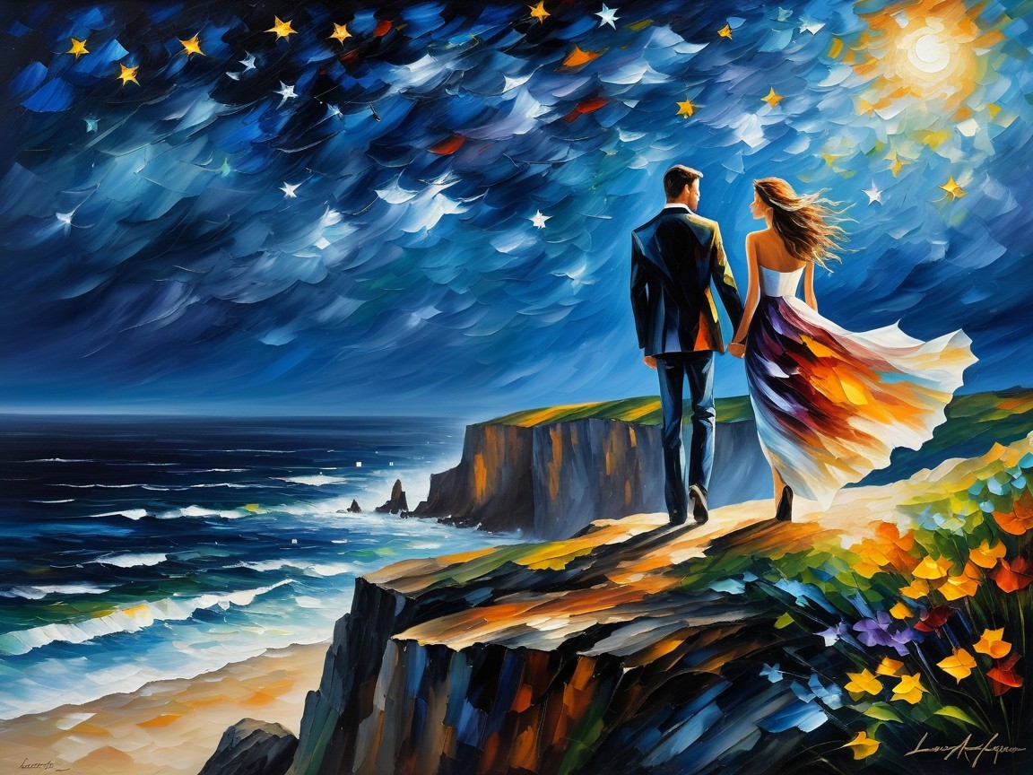 Impressionistic Landscape of Couple by Ocean at Night