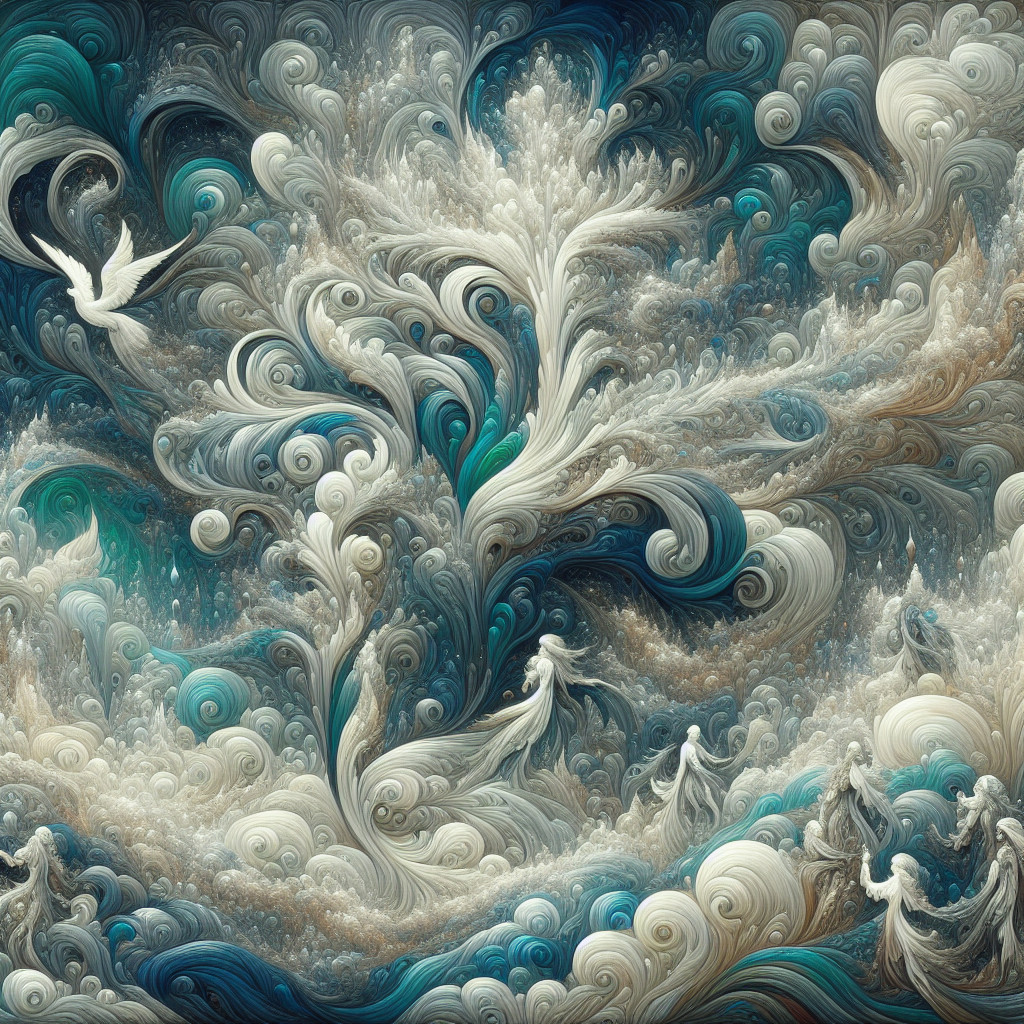 Abstract Composition with Blue and Beige Swirling Patterns