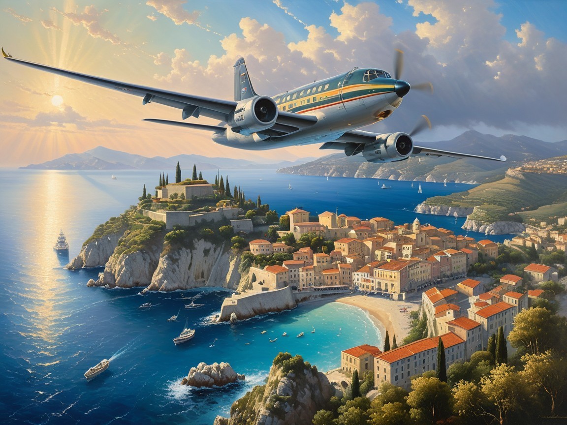 Vintage Airplane Over Coastal Village Landscape