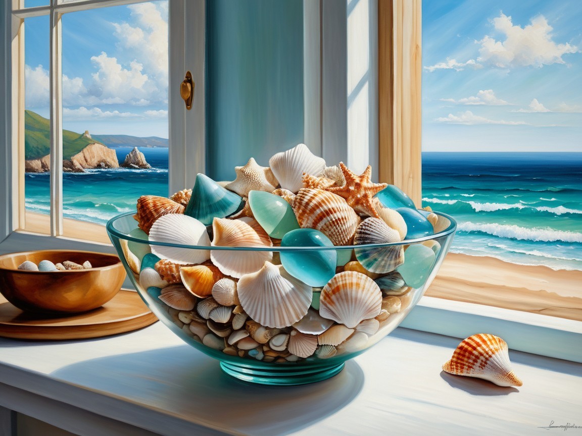 Seashells and Stones on a Sunlit Windowsill