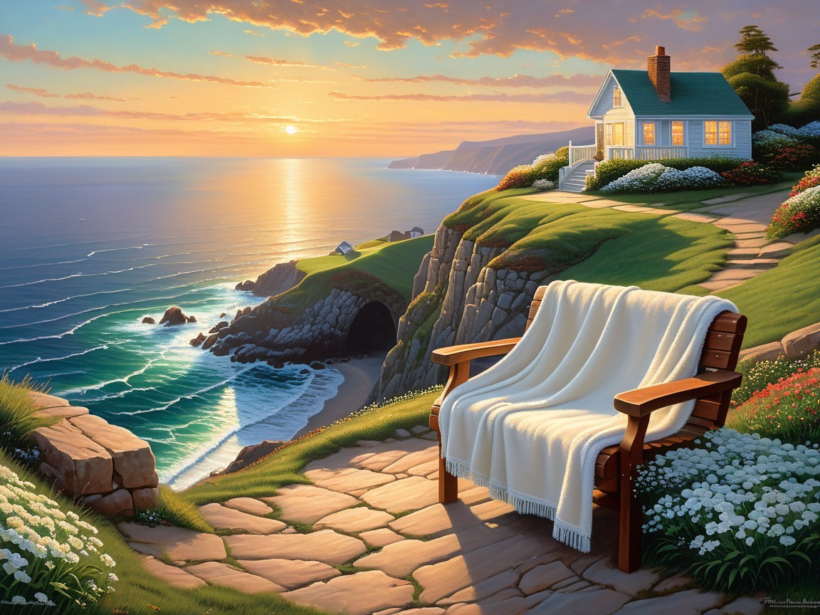 Coastal Scene with House on Cliff at Sunset