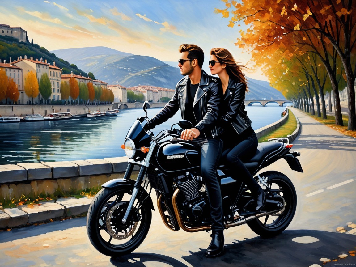 Stylish Couple on Motorcycle by Vibrant Riverside