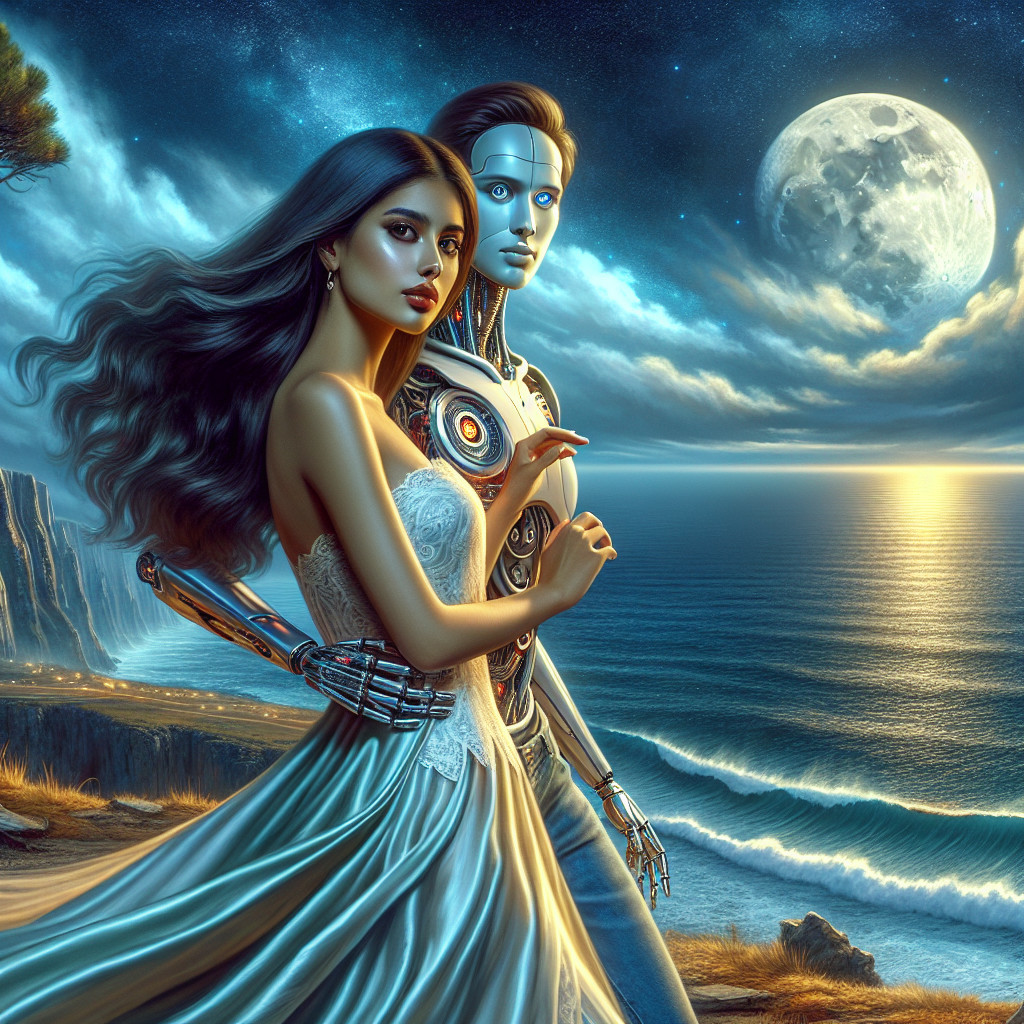 Futuristic Landscape with Woman and Humanoid Robot