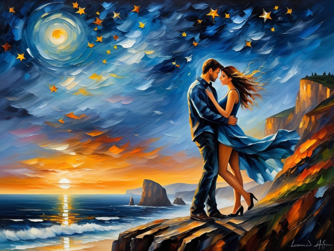Couple Embracing on Cliff at Vibrant Sunset