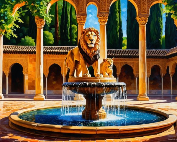 Grand fountain with lion sculptures and lush greenery