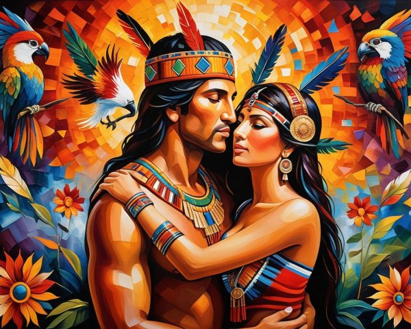Colorful painting of couple in traditional attire