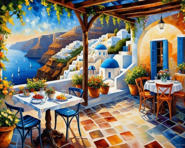 Seaside Terrace with White Buildings and Vibrant Sky