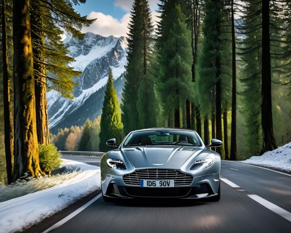 Silver Sports Car on Winding Road Amid Mountains