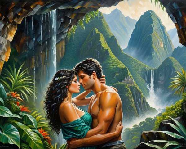 Couple Embraced in Romantic Nature Setting with Waterfalls