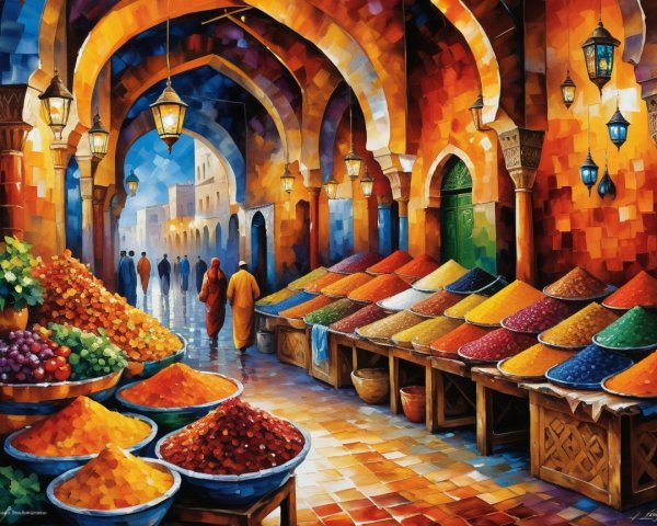 Vibrant Market Scene with Spices and Fruits Displayed