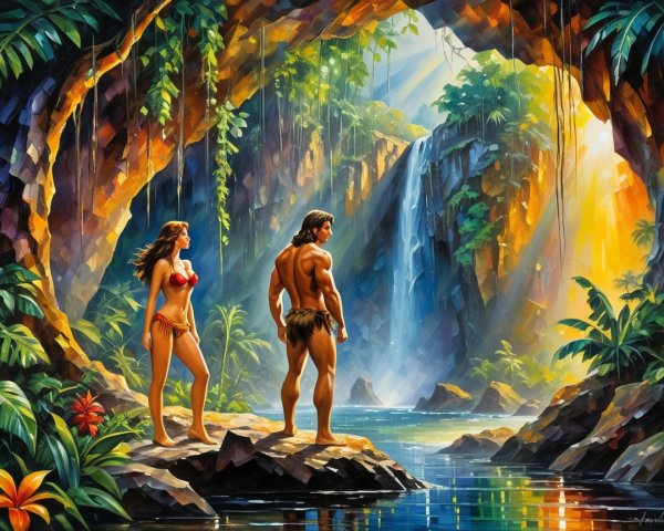 Jungle Scene with Pool and Cascading Waterfall