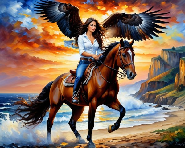 Woman with Eagle Wings Riding Horse at Sunset Coastline