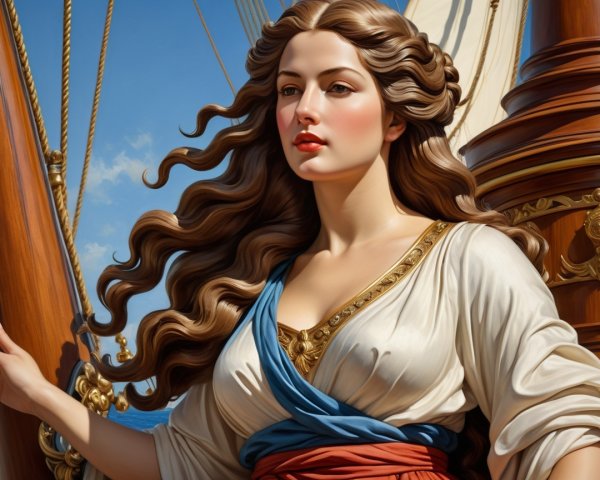 Woman on Ship Deck with Flowing Hair and Historical Outfit