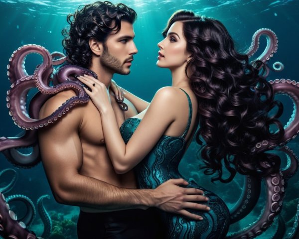 Underwater Scene of a Couple with Swirling Octopuses