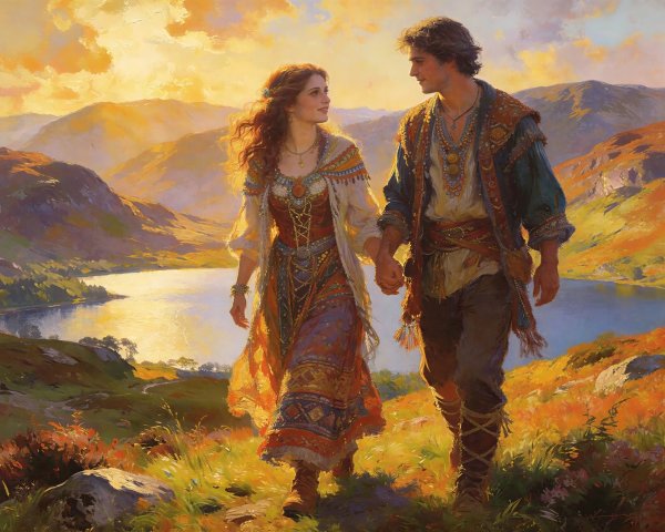 Impressionistic Painting of Couple in Mountain Landscape