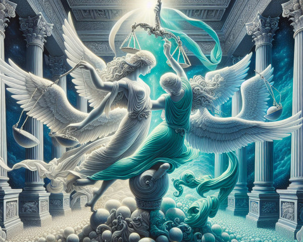 Ethereal Figures of Justice Surrounded by Light and Columns