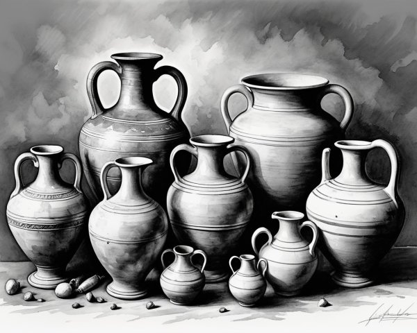 Monochromatic Illustration of Clay Pots and Amphorae