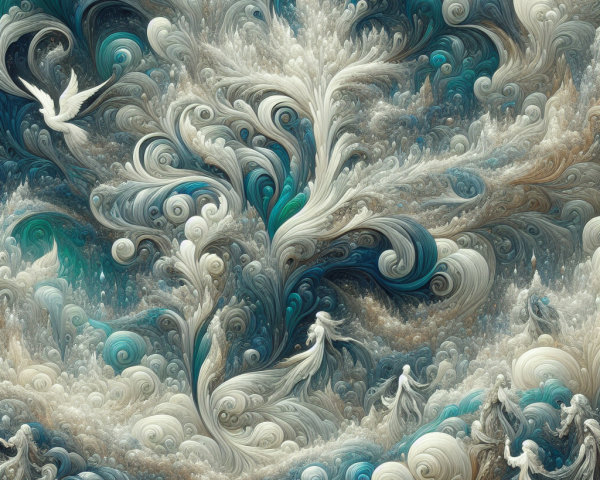 Abstract Composition with Blue and Beige Swirling Patterns