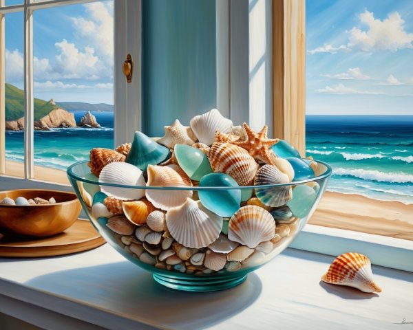Seashells and Stones on a Sunlit Windowsill