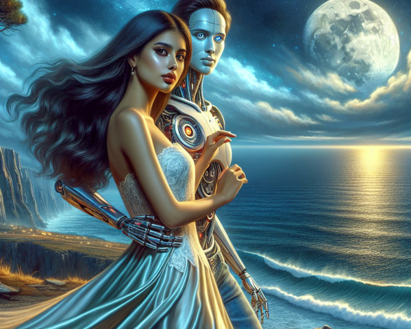 Futuristic Landscape with Woman and Humanoid Robot