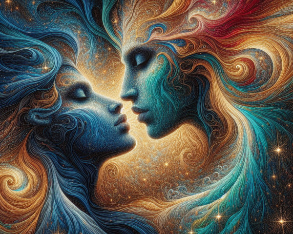 Ethereal Faces Embraced in Colorful Cosmic Art