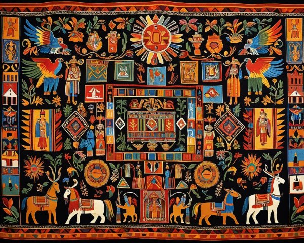 Vibrant Tapestry with Colorful Motifs and Scenes