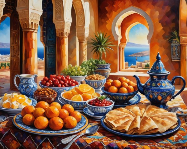 Traditional Moroccan Dishes on a Vibrant Table Setting