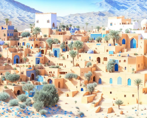 Desert Landscape with Traditional Architecture and Mountains
