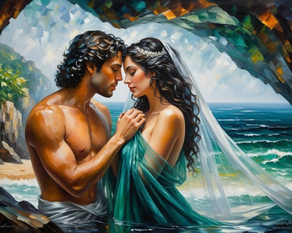 Couple Embracing on Beach with Ocean Backdrop