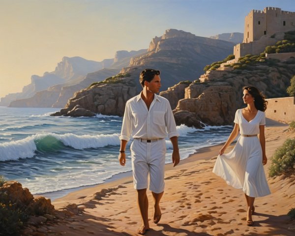 Couple Walking on Beach at Sunset with Scenic Cliffs