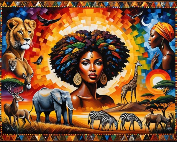 Vibrant Mural of African Woman and Majestic Wildlife