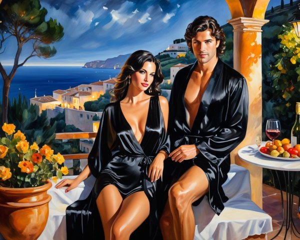 Elegant Terrace Scene with Coastal Village View