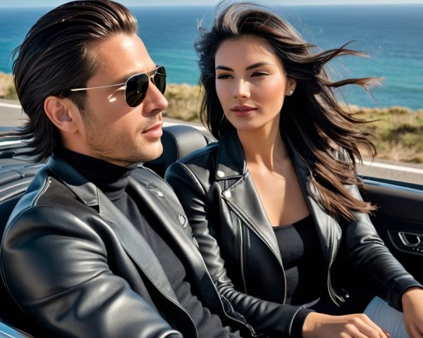Stylish Couple in Convertible on Coastal Road