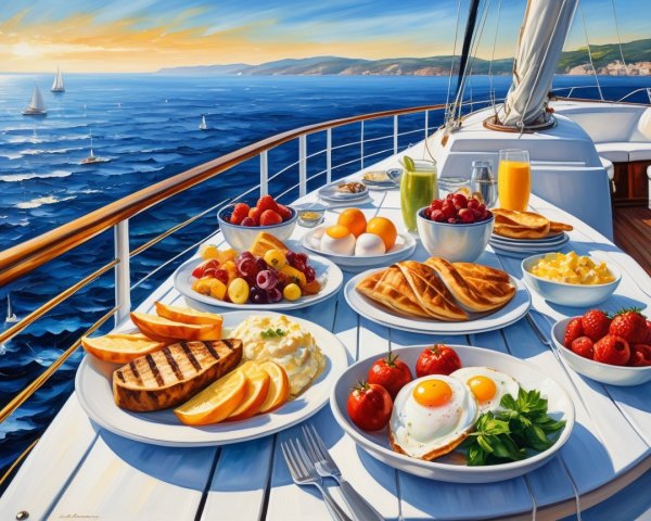 Luxurious Yacht Breakfast Spread with Ocean View